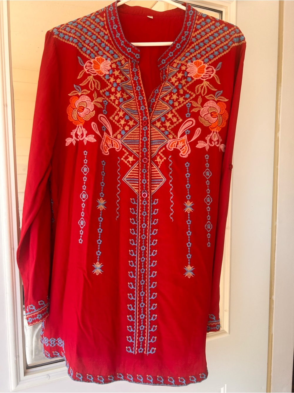 Red Embroidered Tunic Top - Boho Floral Detail